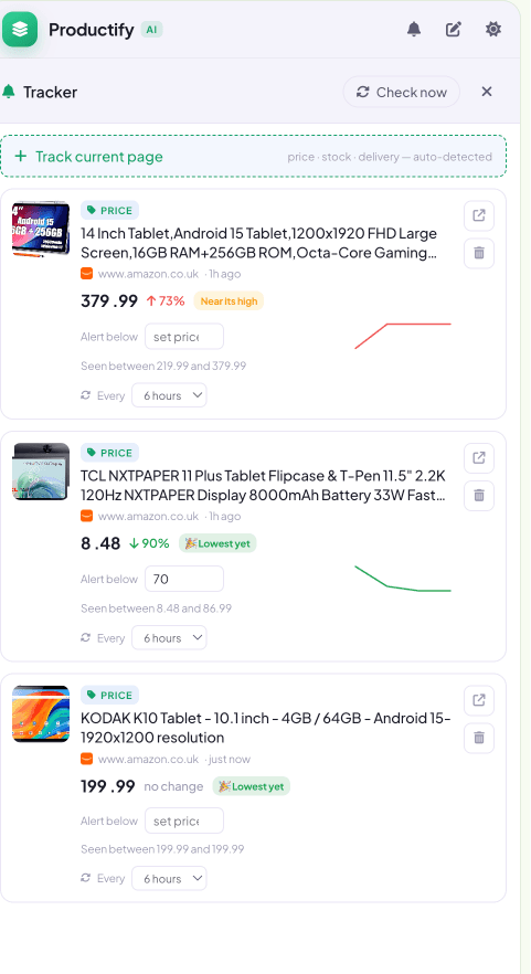Price tracker showing live price history and drop alerts