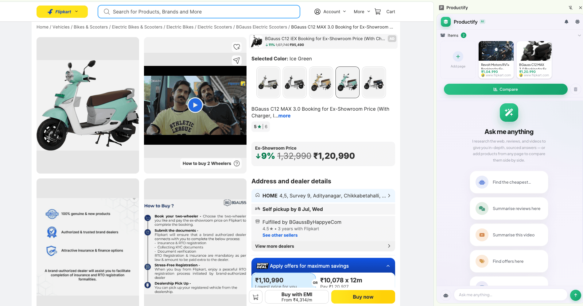 Productify AI sidebar open on a real product page